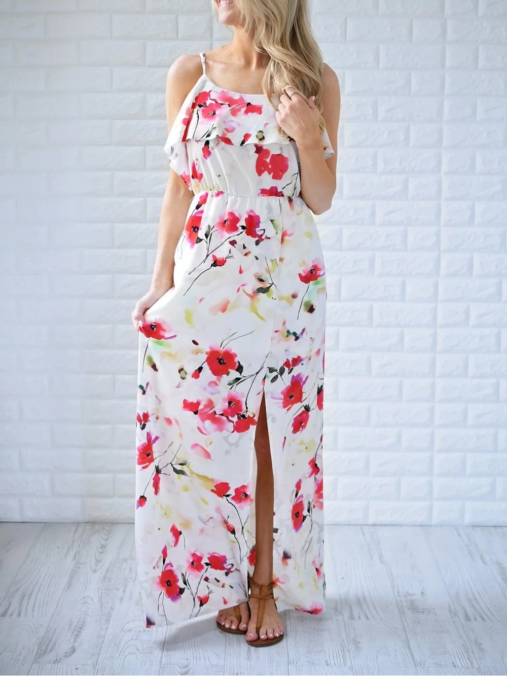 Everly Summer Nights Floral White & Pink Maxi Dress with High Slit Sz M